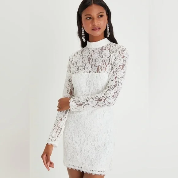 LULUS- White Lace Bodycon Mini Dress with Open Back and Sleeves - Picture 3 of 7